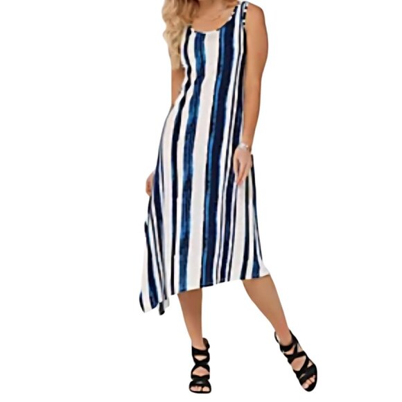 Truth + Style 2XP Midi Dress Blue White Stripes Jersey Knit Boho Beach Petite - Picture 1 of 7